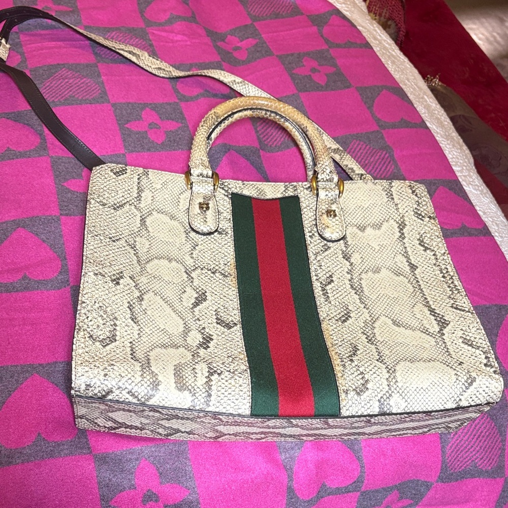 Gucci Snakeskin Shoulder Bag with Red and Green Stripe